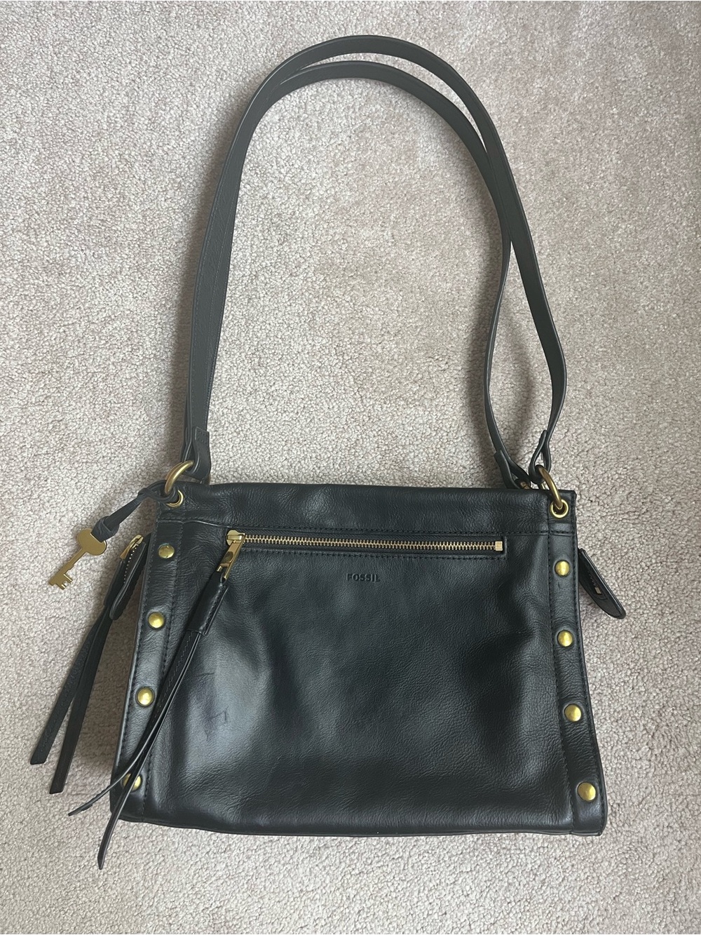 Fossil Black Leather Studded Shoulder Bag